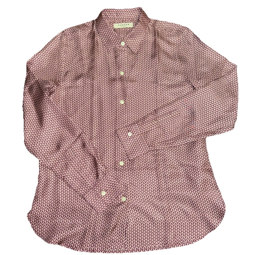 Canvas By Lands End Pink Maroon Chevron Button Up Long Sleeve Silk Size 6 Womens